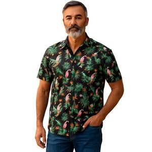 NE Limited Hawaiian Shirt Men XL Birds‎ of Paradise Exotic All Over Graphic EUC